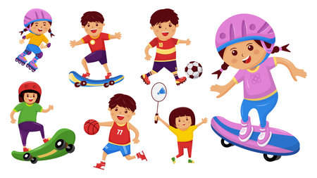 Set of Vector Illustration Kids Sport activity, 
Football, Basketball, Skateboard, Roller Skate, Badmintonのイラスト素材