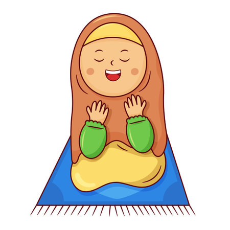 Muslim Cartoon Illustration of a Girl Sitting on Prayer Matのイラスト素材