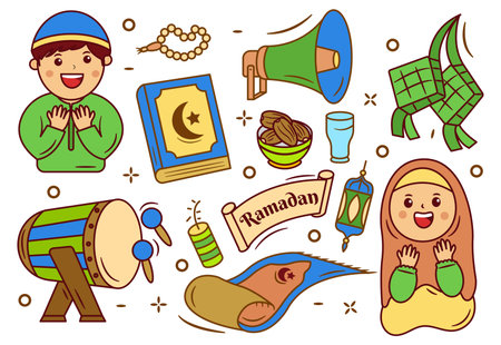 Set of Ramadan Islamic Doodle Cartoon Illustrationのイラスト素材