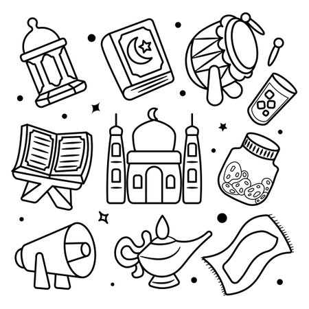 Set of Sketch Outline Ramadan Islamic Doodle Cartoon Illustrationのイラスト素材