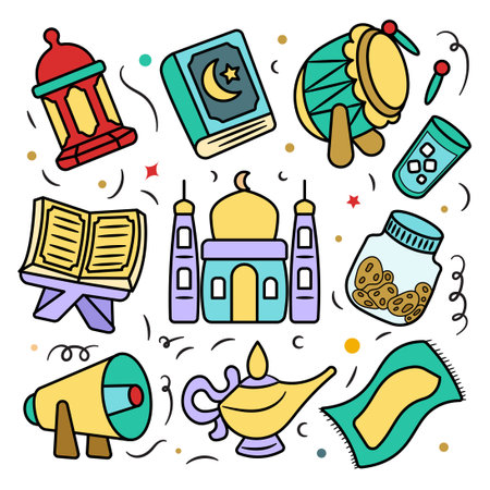 Set of Hand Drawn Ramadan Islamic Doodle Cartoon Illustrationのイラスト素材