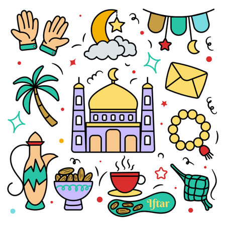 Set of Hand Drawn Ramadan Islamic Doodle Cartoon Illustrationのイラスト素材