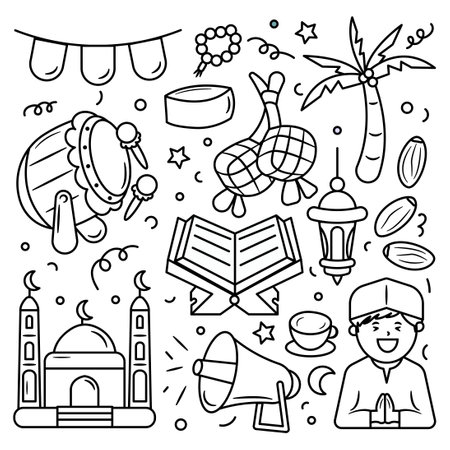 Set of Sketch Outline Ramadan Islamic Doodle Cartoon Illustrationのイラスト素材