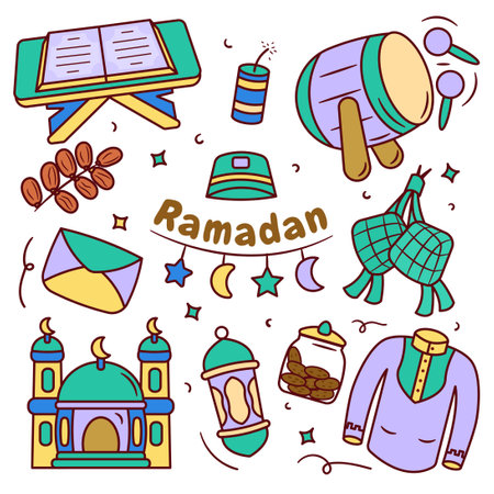 Set of Ramadan Islamic Doodle Cartoon Illustrationのイラスト素材