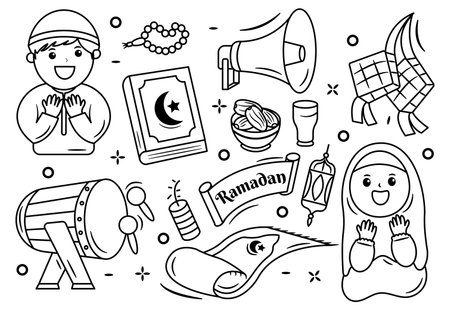 Set of Sketch Outline Ramadan Islamic Doodle Cartoon Illustrationのイラスト素材