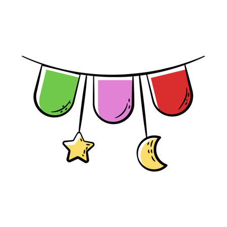 Hand Drawn Color Hanging Bunting Icon.
Doodle Islamic Icon Collectionsのイラスト素材