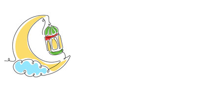 Hanging Lantern on the Crescent Moon Continuous Line Drawing Style. Ramadan Kareem Collections Element For Designのイラスト素材