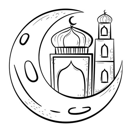Crescent and Mosque Hand Drawn Icon. Outline Doodle Islamic Icon Collectionsのイラスト素材