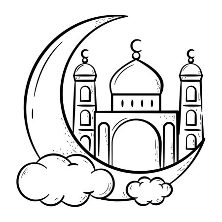 Crescent and Mosque Hand Drawn Icon. Outline Doodle Islamic Icon Collectionsのイラスト素材