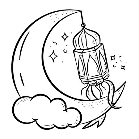 Crescent and Lantern Hand Drawn Icon. Outline Doodle Islamic Icon Collectionsのイラスト素材