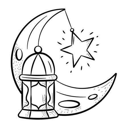 Crescent and Lantern Hand Drawn Icon. Outline Doodle Islamic Icon Collectionsのイラスト素材