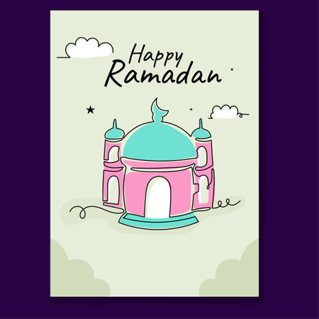 Mosque Ramadan Greeting Card with Continuous Line Hand Drawn. Islamic Design Collectionsのイラスト素材