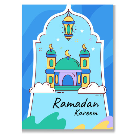 Mosque Illustration with Flat Design of Ramadan and Eid Al Fitr Greeting Cardのイラスト素材