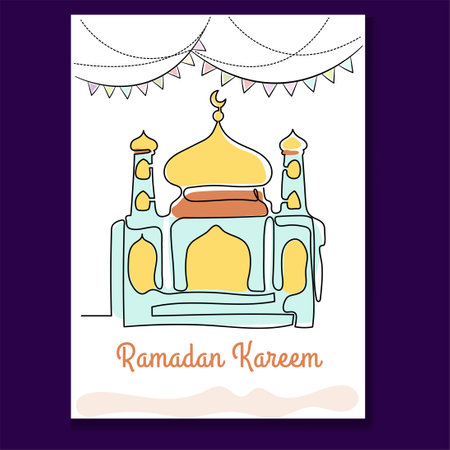 Mosque Ramadan Greeting Card with Continuous Line Hand Drawn. Islamic Design Collectionsのイラスト素材