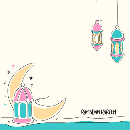 Lantern Ramadan Greeting Card with Continuous Line Hand Drawn. Islamic Design Collectionsのイラスト素材