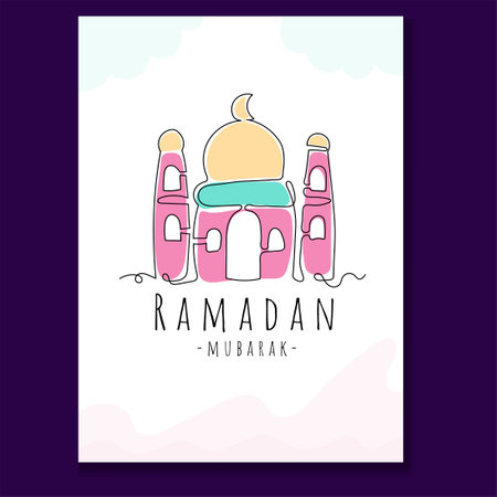 Mosque Ramadan Greeting Card with Continuous Line Hand Drawn. Islamic Design Collectionsのイラスト素材