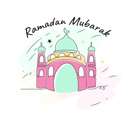 Mosque Ramadan Greeting Card with Continuous Line Hand Drawn. Islamic Design Collectionsのイラスト素材