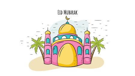 Hand Drawn Mosque Illustration. Eid Mubarak Concept, Suitable For Greeting Cards, Posters and Backgroundのイラスト素材
