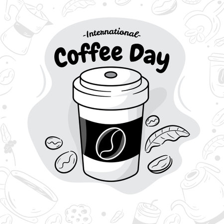 International Coffee Day Illustration.  Black and White Happy Coffee day in Octoberのイラスト素材