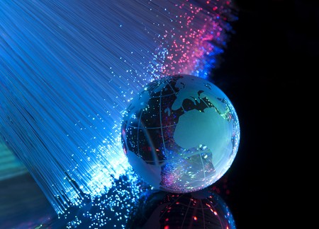 world map technology style against fiber optic background の写真素材