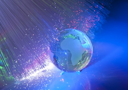 world map technology style against fiber optic background の写真素材