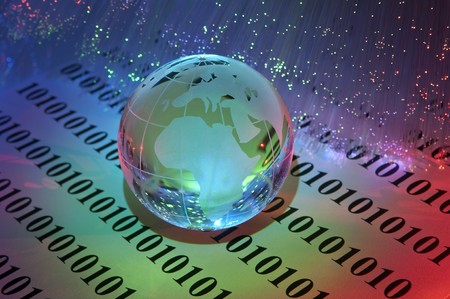 world map technology style against fiber optic background の写真素材