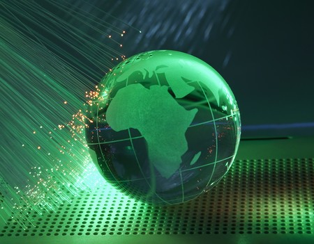 technology earth globe against fiber optic background の写真素材