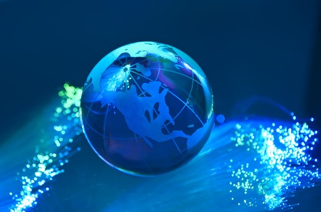 world map technology style against fiber optic backgroundの写真素材