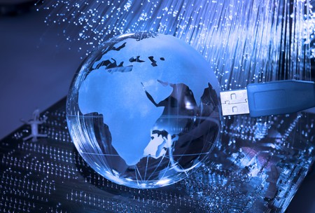 computer data concept with earth globe against fiber optic 