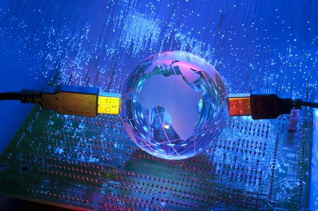 computer data concept with earth globe against fiber optic の写真素材