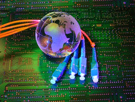 electronic printed circuit board with  technology style against fiber optic background 