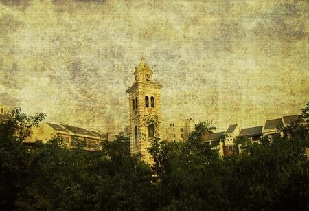 Closeup on a photo of buildingsの写真素材