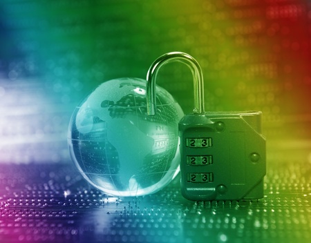 Lock and network cable with computer keyboard background の写真素材