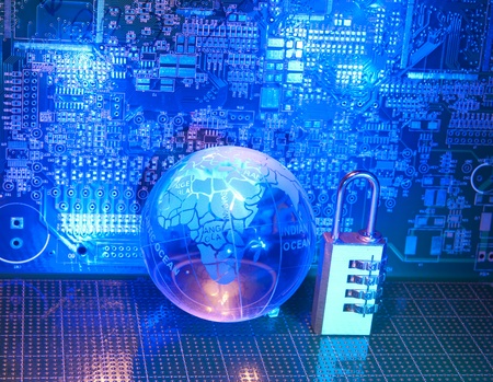 Lock and grass earth with technology style against fiber optic background