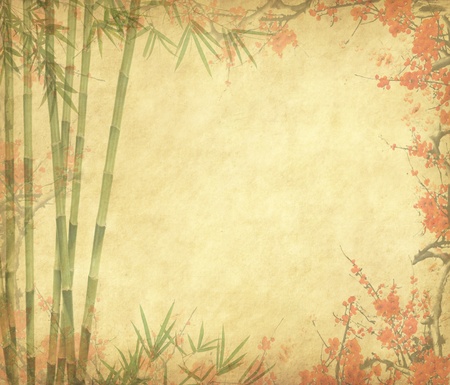 Spring peach blossom on Old antique vintage paper background の写真素材