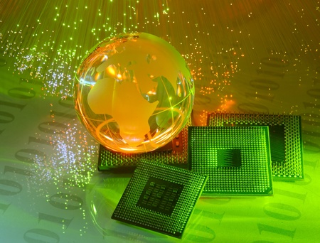 central microprocessors for a computer on a technology fiber optic background 