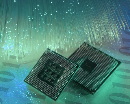 central microprocessors for a computer on a technology fiber optic background 