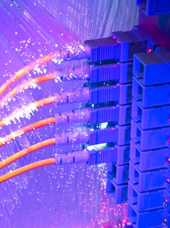 fiber cables and hub in data center の写真素材