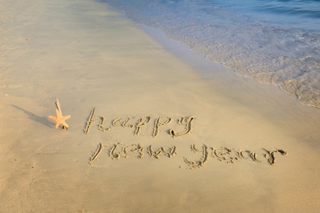happy new year written in the sand 