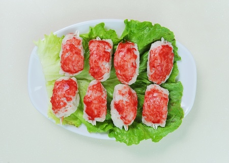 Meat of a crab and greens.の写真素材