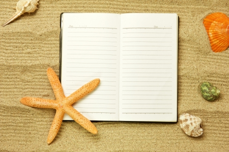 starfish and shells with frame on the beach, vacation memoriesの写真素材