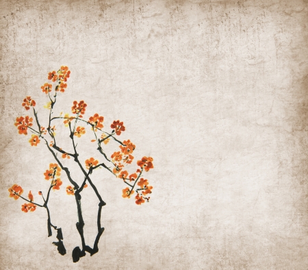 plum blossom on Old antique vintage paper backgroundの写真素材