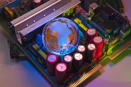 electronic printed circuit board with technology style against fiber optic backgroundのeditorial素材