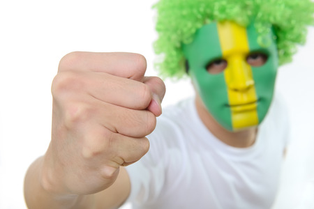 Brazilian man celebrates with maskの写真素材