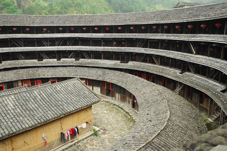 Hakka Roundhouse tulou walled village located in Fujian, Chinaの写真素材