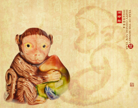 monkey souvenir on old paper,2016 is year of the monkey,Chinese Calligraphy for "Fu", mean good fortuneの写真素材