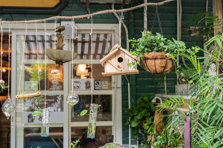 cafe with birdhouse nestlesの写真素材