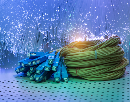 optical fibres dinamic flying from deep on technology backgroundのeditorial素材