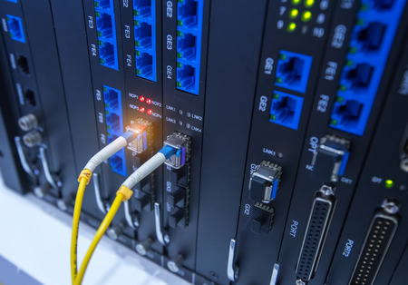 Fiber optic connecting on core network swtichのeditorial素材