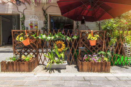 colorful flower Pots with fenceのeditorial素材